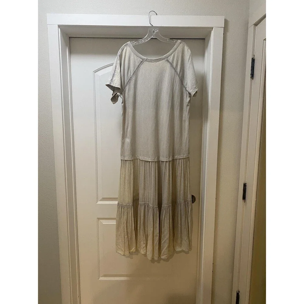 Free People Sun Fade Dress Womens Small Beige T-Shirt Maxi Ruffle Hem Boho
